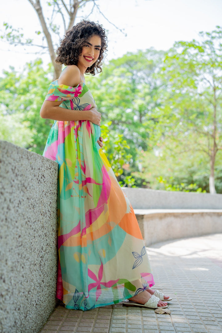 Luxe Adorable Candy Pop Off-Shoulder Maternity Photoshoot Gown momzjoy.com