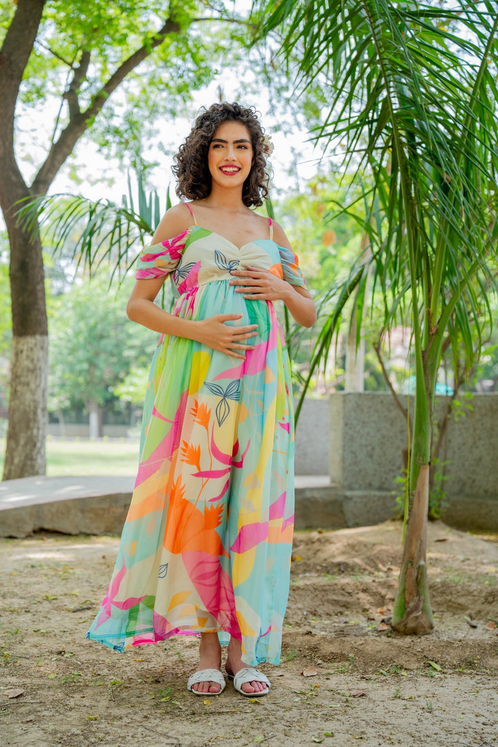 Luxe Adorable Candy Pop Off-Shoulder Maternity Photoshoot Gown momzjoy.com