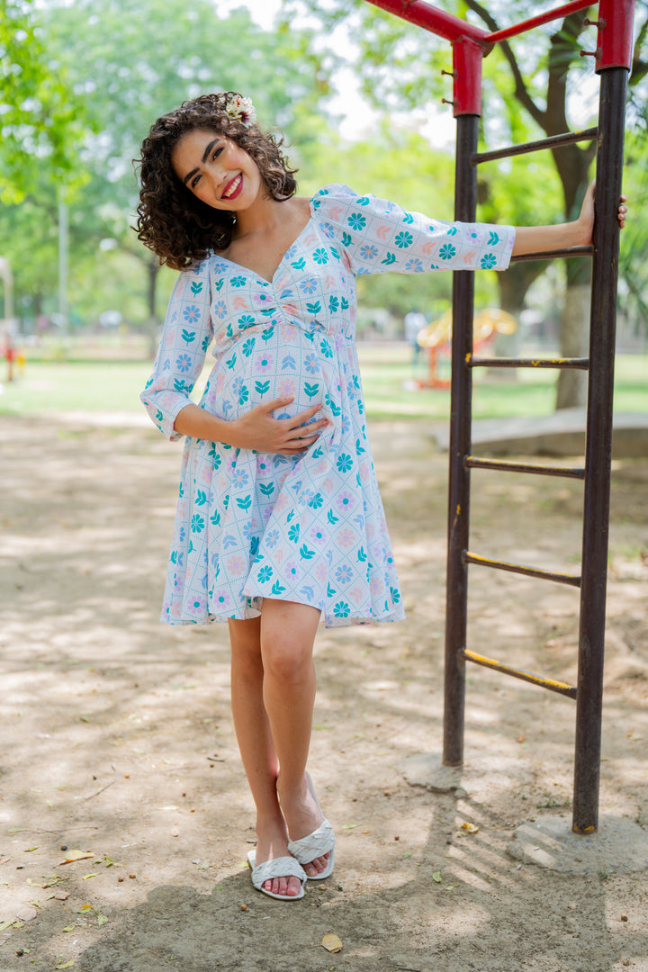 Soothing White Check Floral Maternity Knee Dress (100% Cotton) momzjoy.com