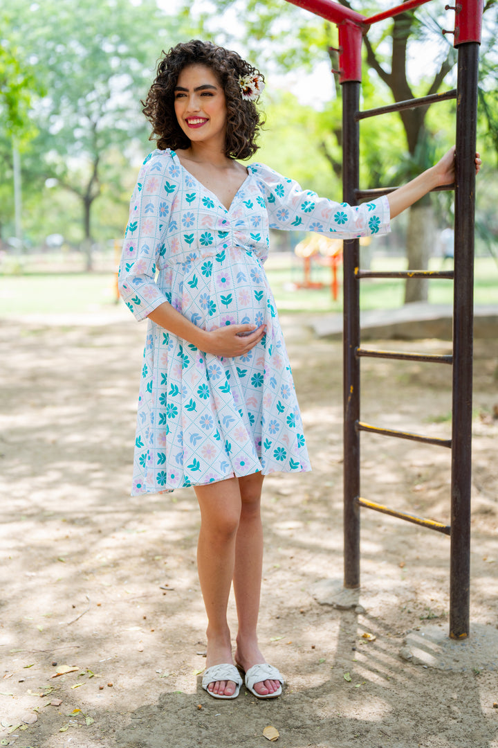 Soothing White Check Floral Maternity Knee Dress (100% Cotton) momzjoy.com