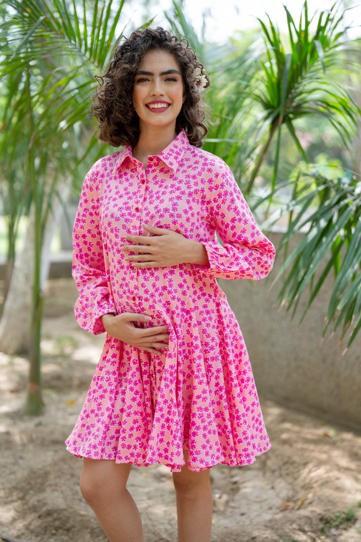 Forever Blush Pink Blossom Maternity & Nursing Shirt Dress momzjoy.com