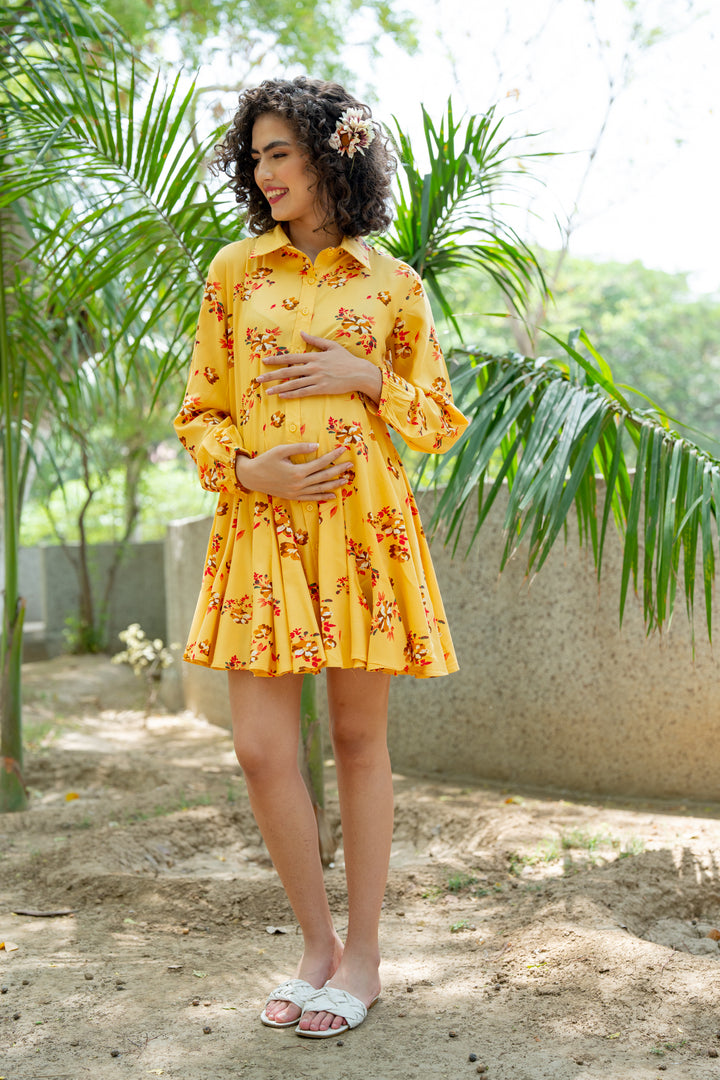 Swing Happy Sunshine Floral Maternity & Nursing Shirt Dress momzjoy.com