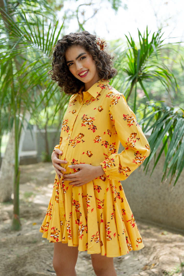 Swing Happy Sunshine Floral Maternity & Nursing Shirt Dress momzjoy.com