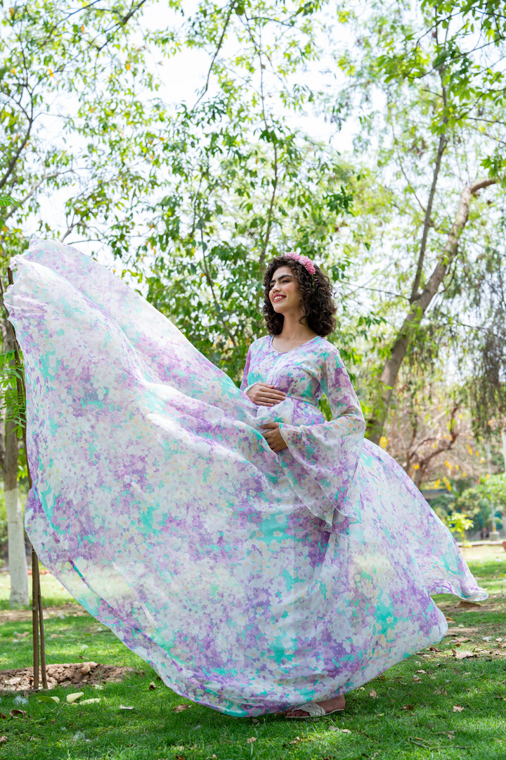 Luxe Lilac Splashes Maternity & Nursing Flair Shoot Gown MOMZJOY.COM