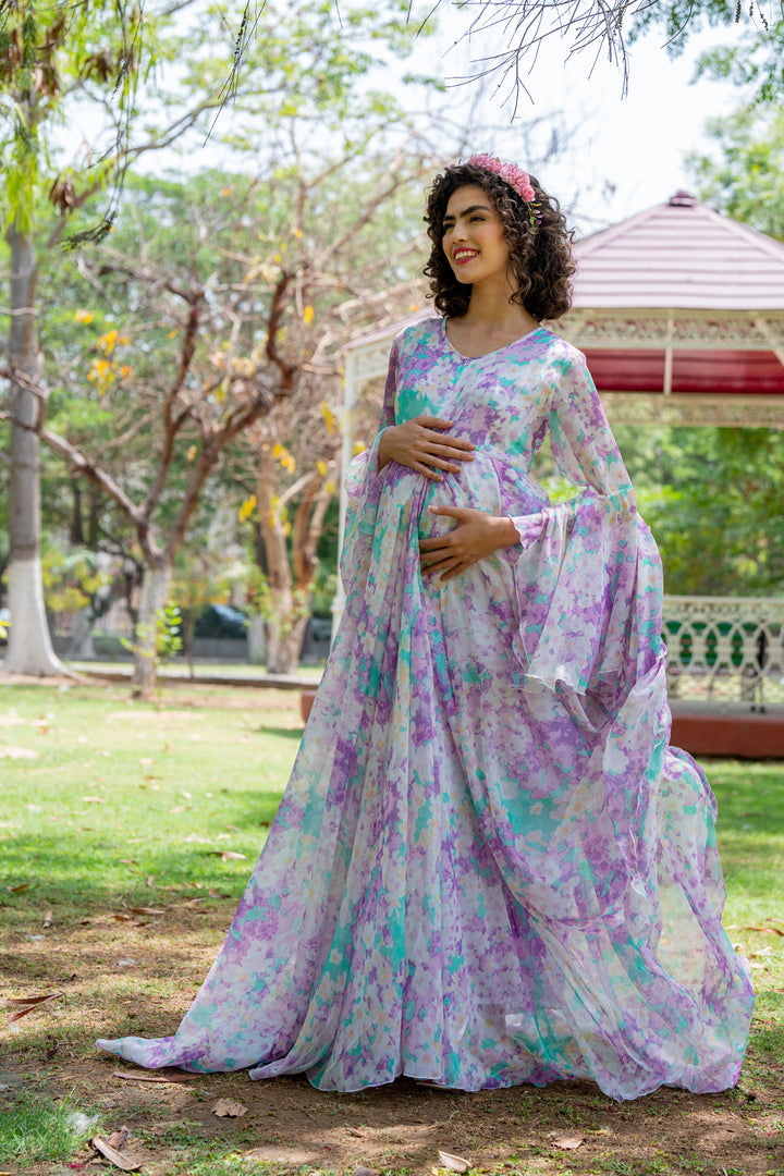 Luxe Lilac Splashes Maternity & Nursing Flair Shoot Gown MOMZJOY.COM