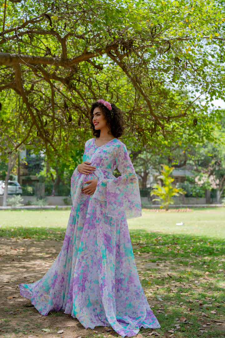 Luxe Lilac Splashes Maternity & Nursing Flair Shoot Gown MOMZJOY.COM