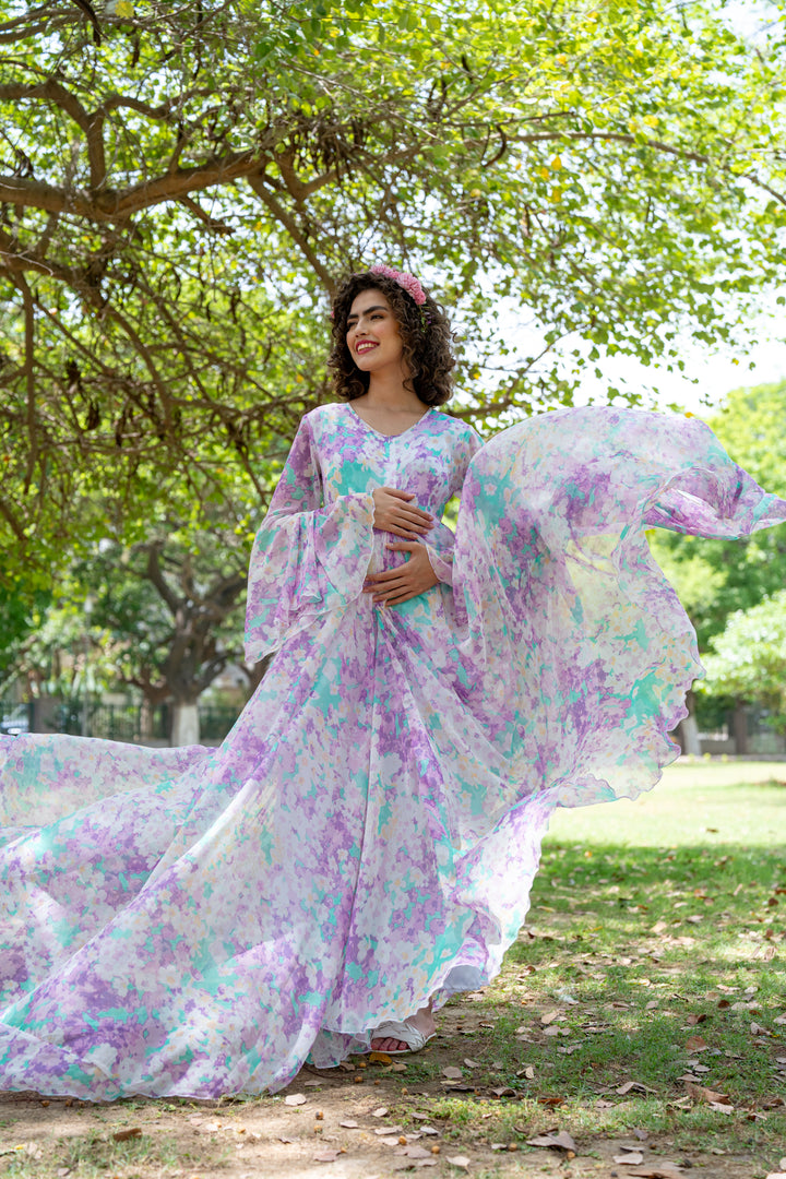 Luxe Lilac Splashes Maternity & Nursing Flair Shoot Gown MOMZJOY.COM