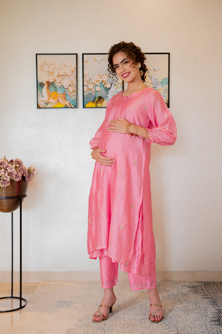 Luxe Chanderi Rose Pink Embroidered Maternity & Nursing Kurta + Bump Band Bottom + Dupatta (3 Pc) momzjoy.com