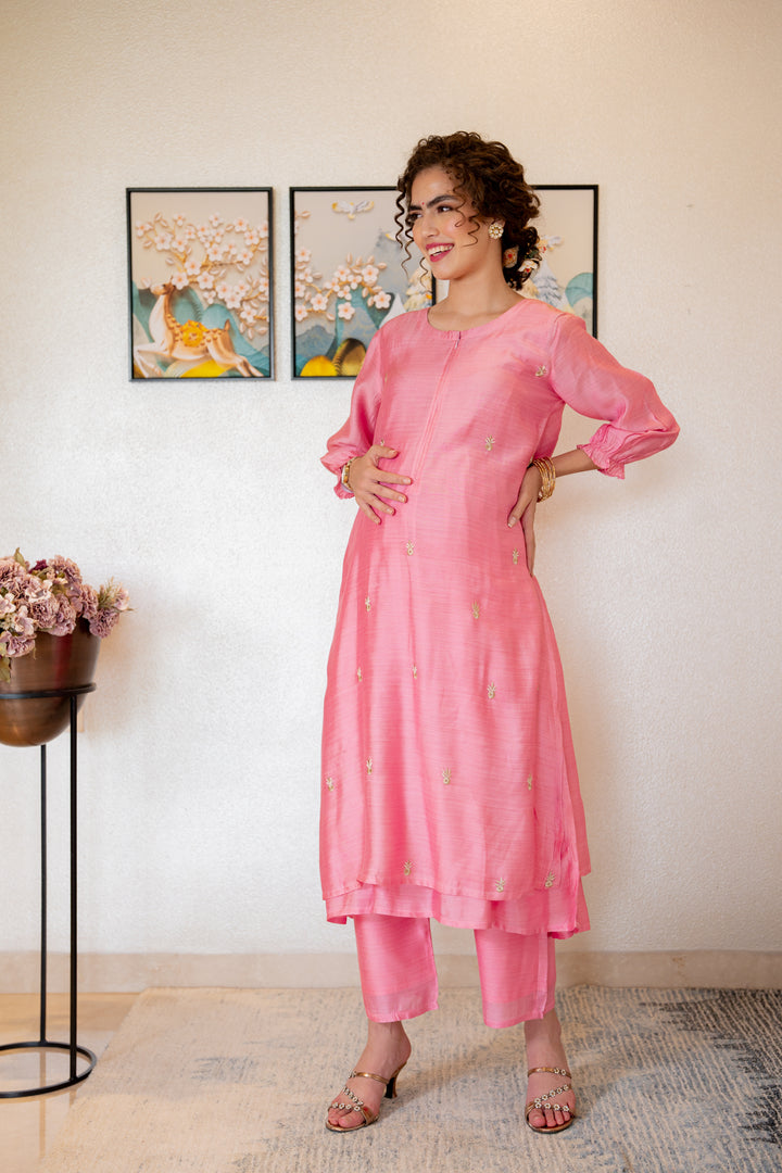 Luxe Chanderi Rose Pink Embroidered Maternity & Nursing Kurta + Bump Band Bottom + Dupatta (3 Pc) momzjoy.com