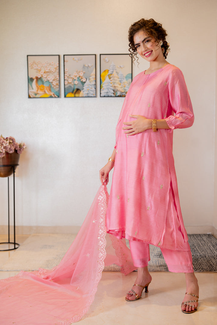 Luxe Chanderi Rose Pink Embroidered Maternity & Nursing Kurta + Bump Band Bottom + Dupatta (3 Pc) momzjoy.com