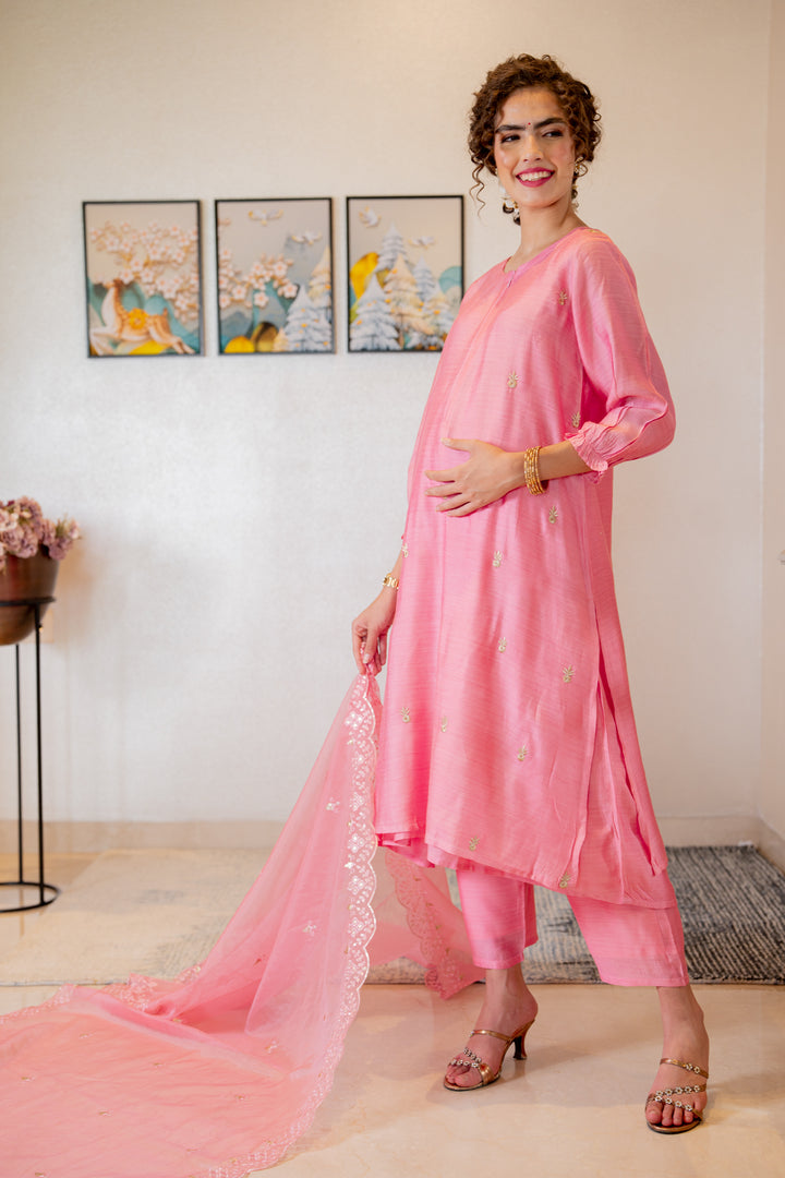 Luxe Chanderi Rose Pink Embroidered Maternity & Nursing Kurta + Bump Band Bottom + Dupatta (3 Pc) momzjoy.com