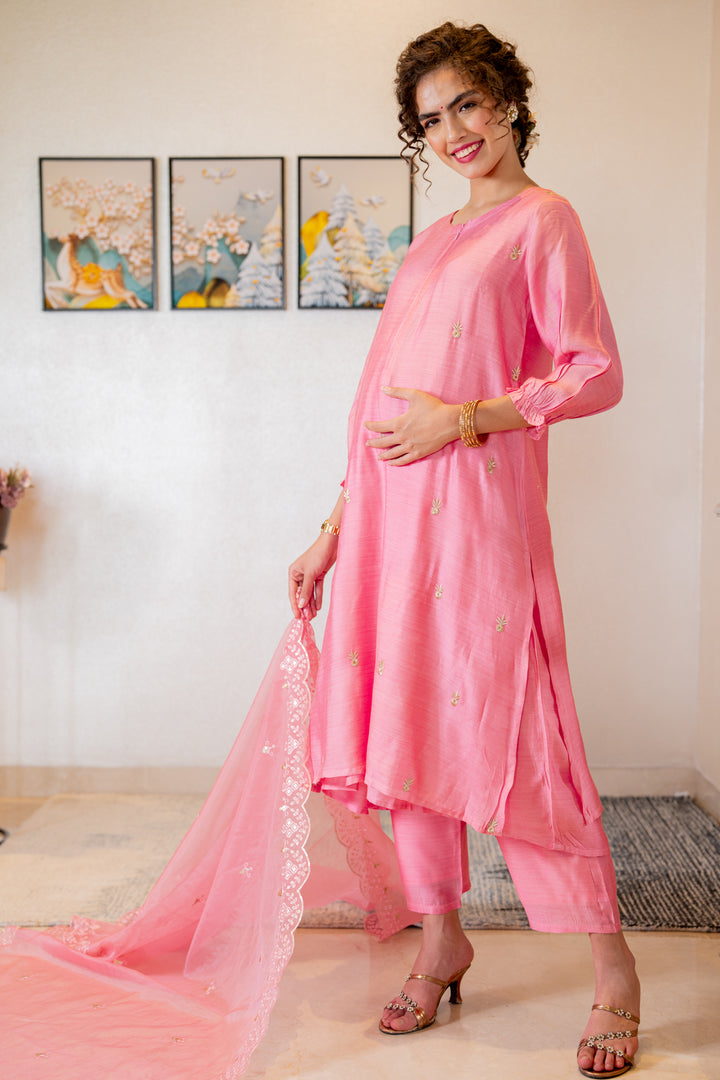 Luxe Chanderi Rose Pink Embroidered Maternity & Nursing Kurta + Bump Band Bottom + Dupatta (3 Pc) momzjoy.com