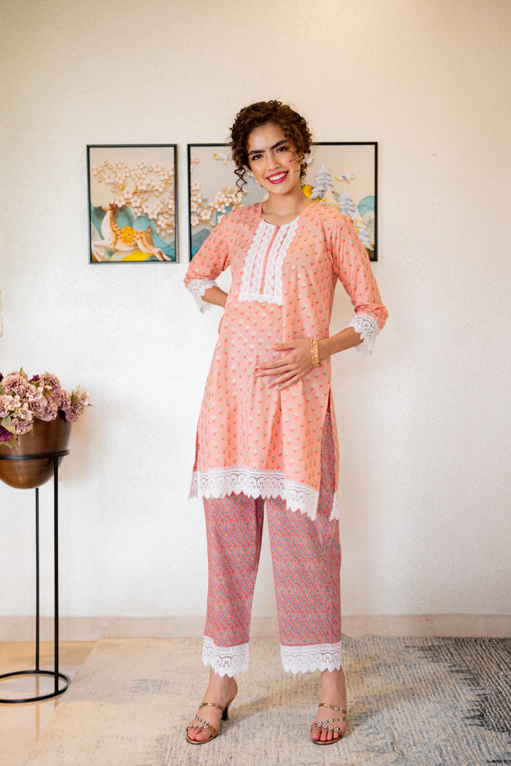 Luxe Paradise Peach Maternity & Nursing Kurta + Bump Band Bottom + Dupatta (3 Pc) (100% Cotton) momzjoy.com