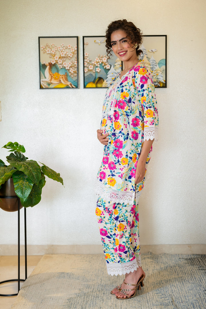Luxe Colorful White Short Maternity & Nursing Kurta With Lace + Bump Band Bottom (2 Pc) (100% Cotton) momzjoy.com