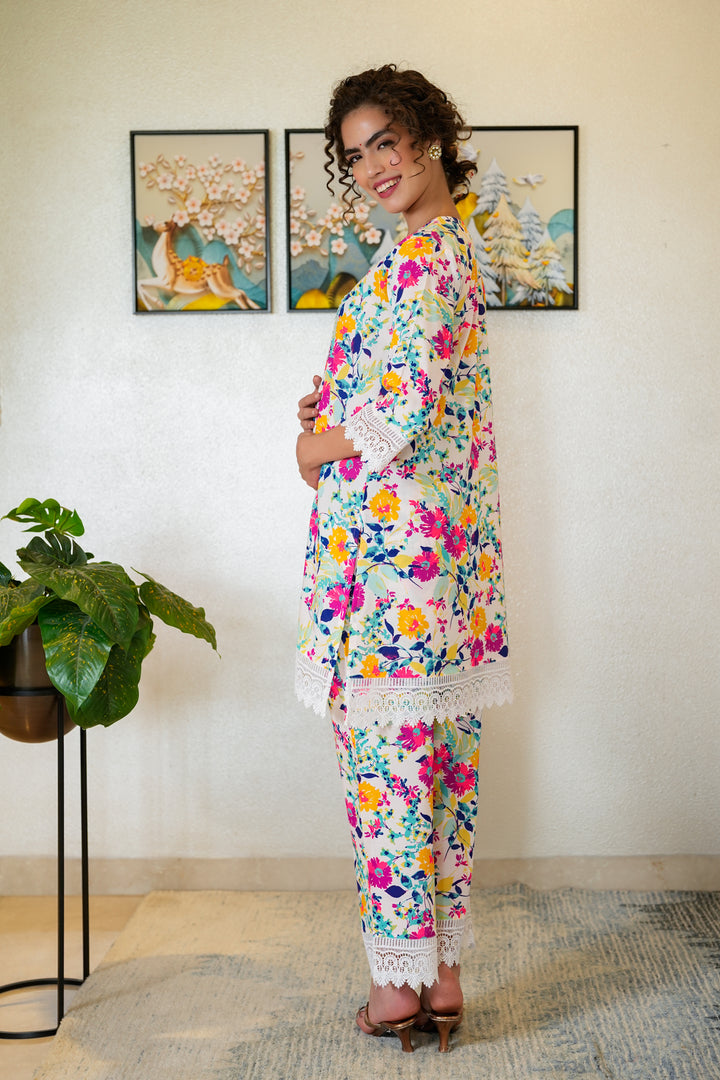 Luxe Colorful White Short Maternity & Nursing Kurta With Lace + Bump Band Bottom (2 Pc) (100% Cotton) momzjoy.com