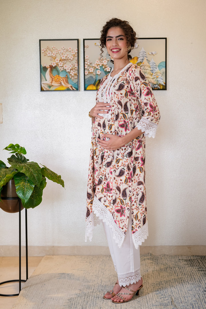 Luxe Ivory Tropical Leafy Maternity & Nursing Kurta + Bump Band Bottom (2 Pc) momzjoy.com