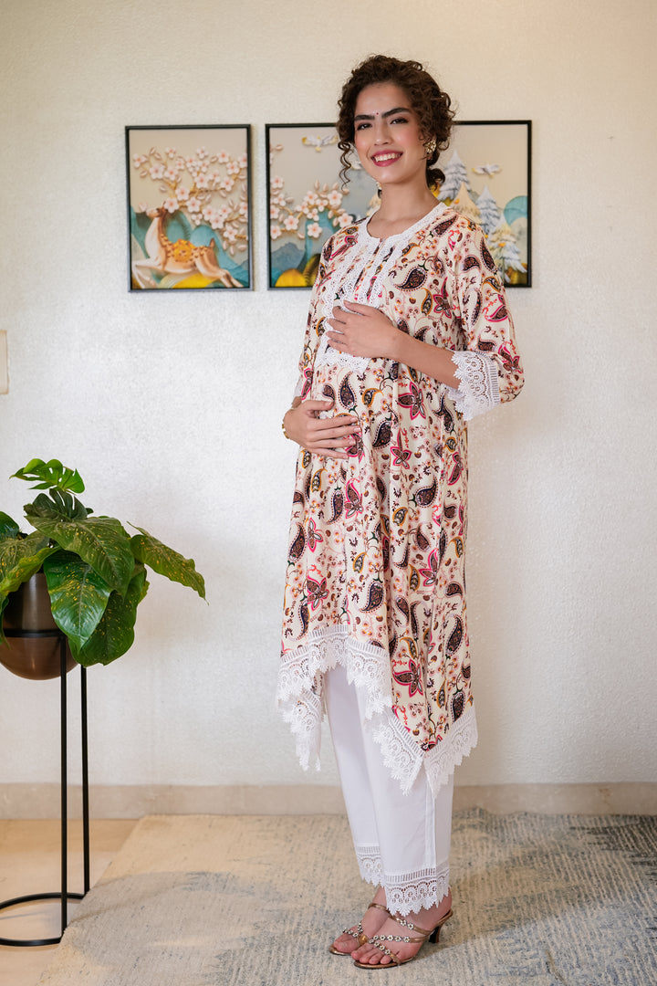 Luxe Ivory Tropical Leafy Maternity & Nursing Kurta + Bump Band Bottom (2 Pc) momzjoy.com