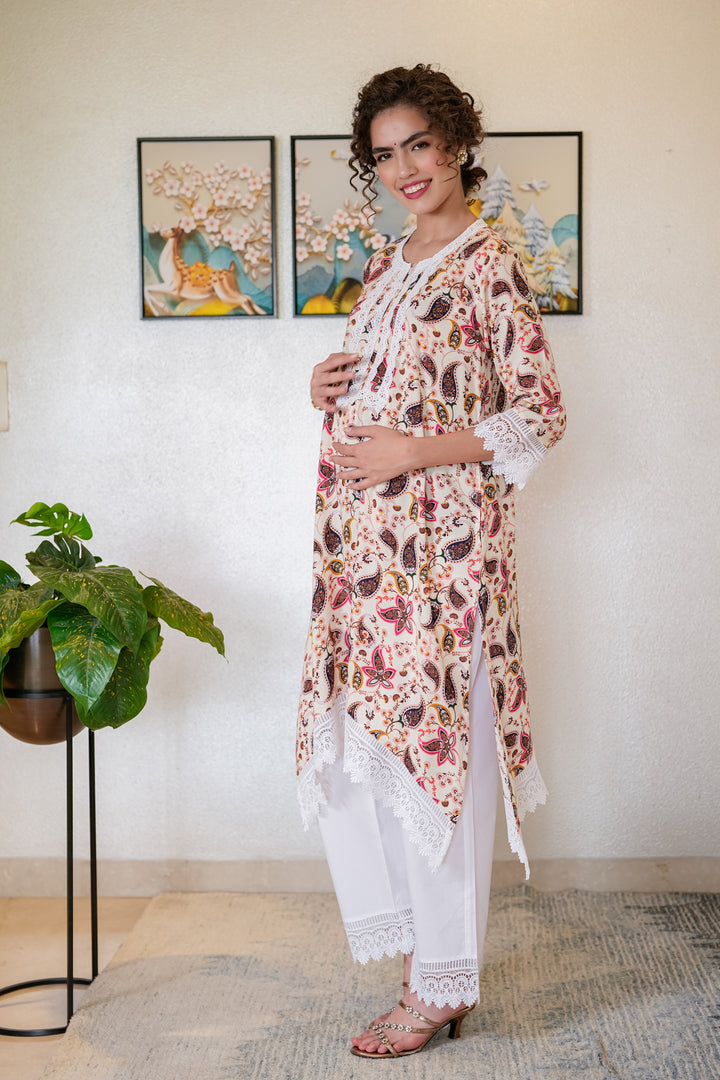 Luxe Ivory Tropical Leafy Maternity & Nursing Kurta + Bump Band Bottom (2 Pc) momzjoy.com