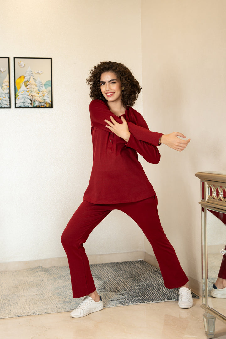 247 Comfy Maroon Zipless Maternity Athleisure Set momzjoy.com