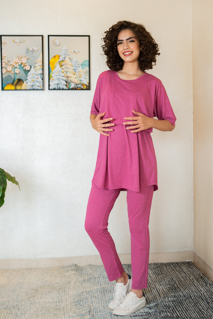 247 Comfy Mauve Pink Zipless Maternity Athleisure Set momzjoy.com