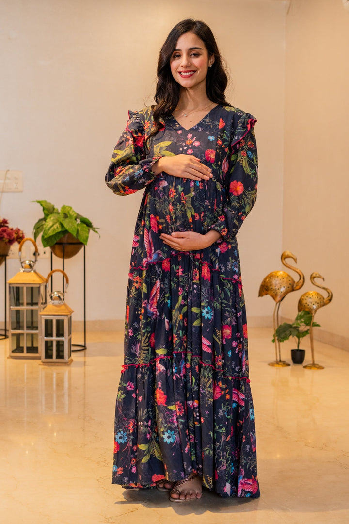 Serene Midnight Blooming Maternity & Nursing Layered Dress MOMZJOY.COM