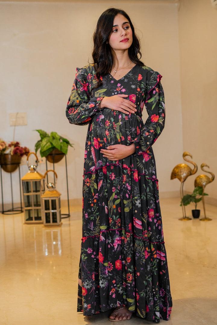 Serene Midnight Blooming Maternity & Nursing Layered Dress MOMZJOY.COM