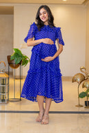 Breezy Cobalt Blue Polka Maternity & Nursing Frill Dress momzjoy.com