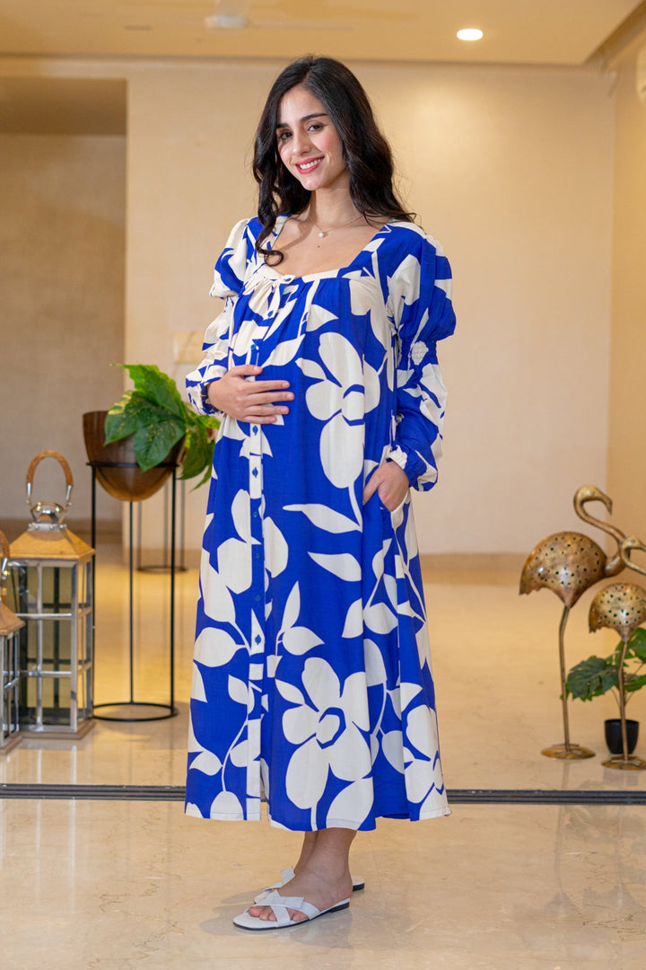 Admiral Blue Leafy Maternity & Nursing Dress momzjoy.com