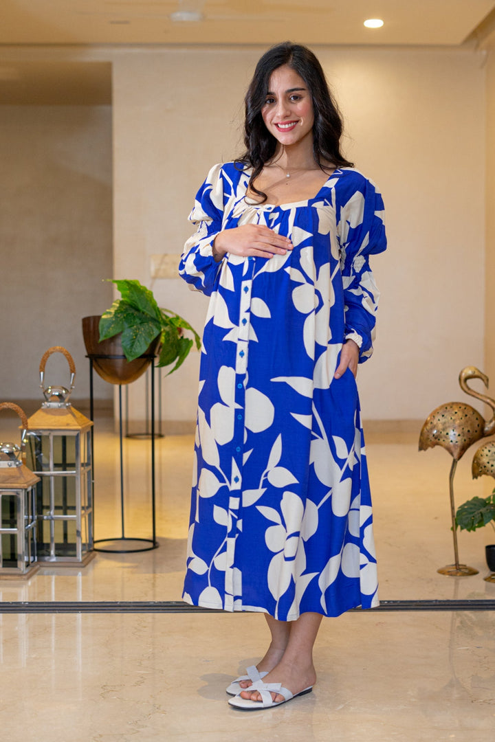 Admiral Blue Leafy Maternity & Nursing Dress momzjoy.com