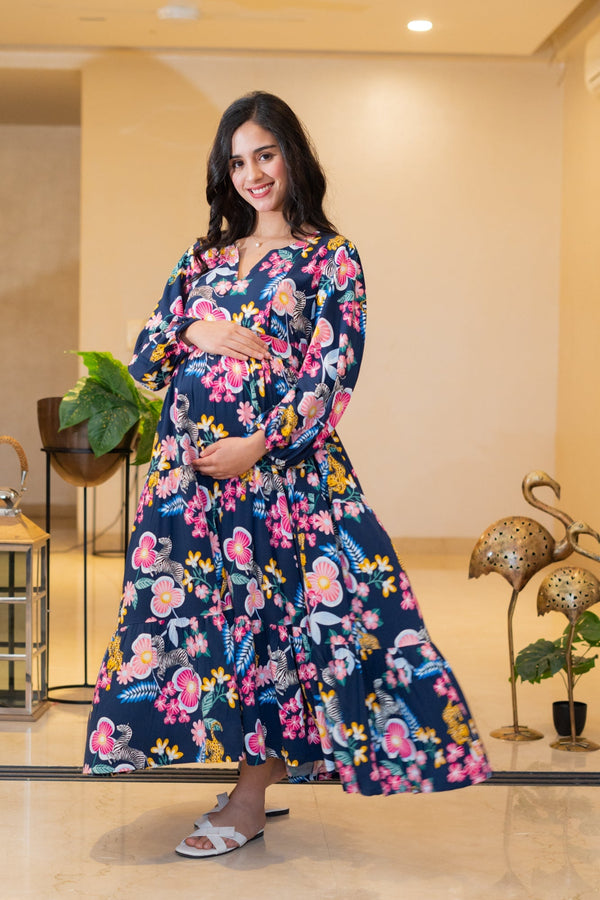 French Navy Candy Bloom Maternity & Nursing Layered Dress MOMZJOY.COM