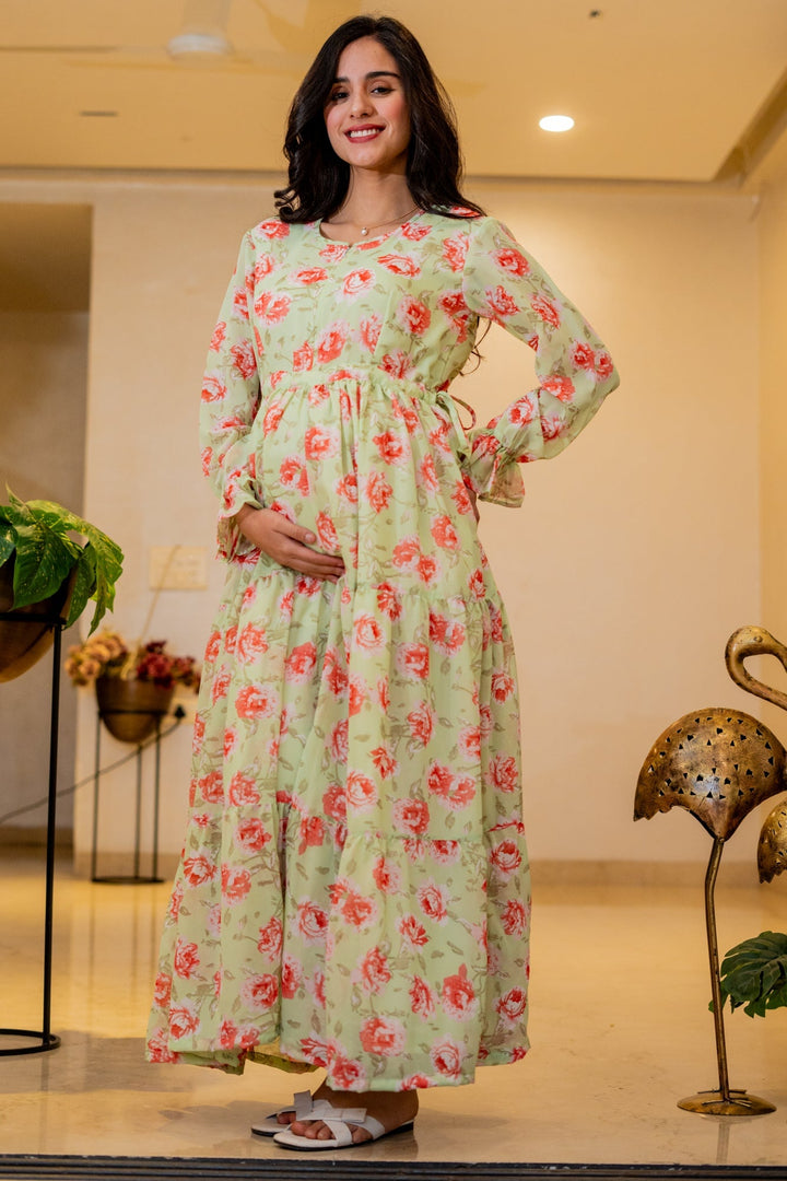 Minty Pink Blossom Maternity & Nursing Layered Dress MOMZJOY.COM