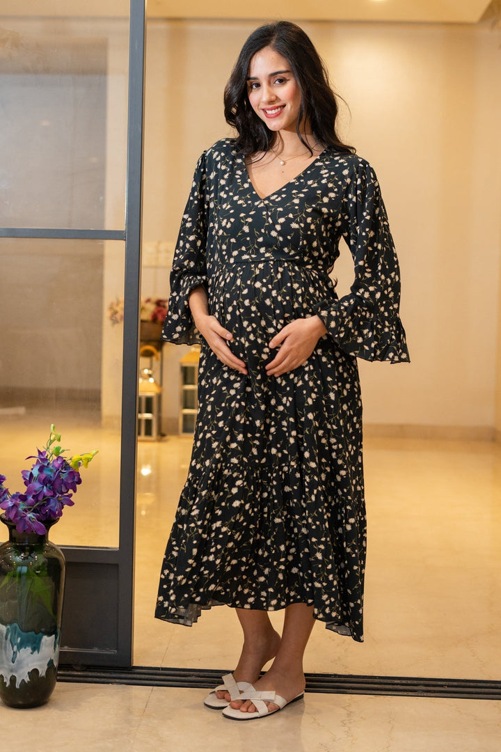 Vivacious Rich Black Floral Maternity & Nursing Midi Wrap Dress momzjoy.com