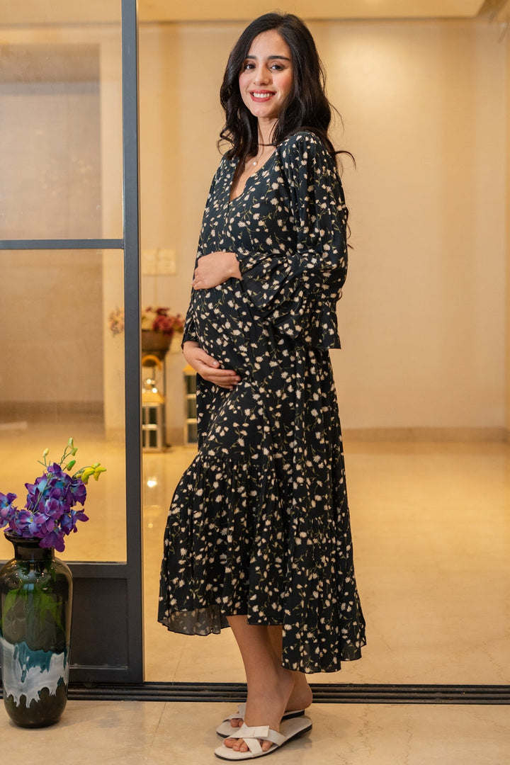 Vivacious Rich Black Floral Maternity & Nursing Midi Wrap Dress momzjoy.com