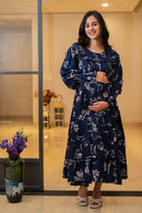 Premium Charcoal Retro Crepe Blossom Formal Maternity & Nursing Pintucks Frill Dress momzjoy.com