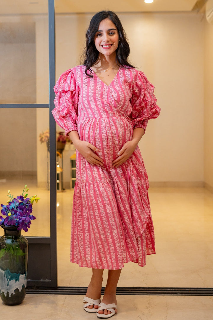 Charming Candy Floss Maternity & Nursing Frill Wrap Dress (100% Cotton) momzjoy.com