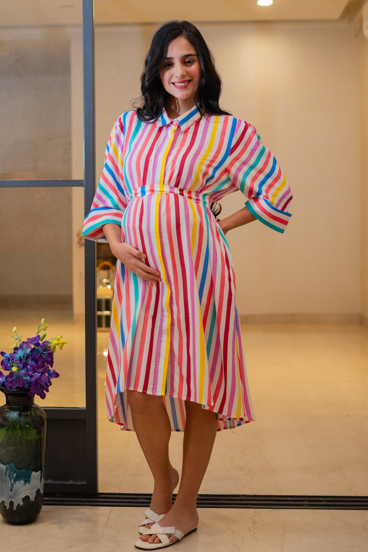 Forever Colorful Striped Maternity & Nursing Knee Shirt Dress momzjoy.com