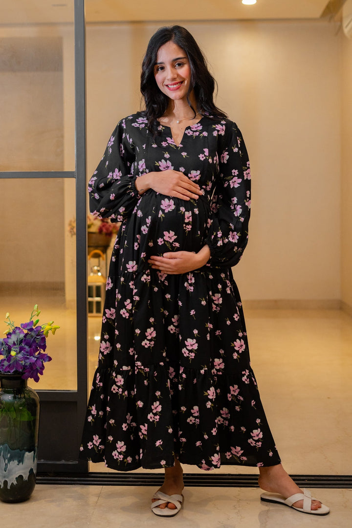 Eden Classic Black Bloom Maternity & Nursing Layered Dress MOMZJOY.COM