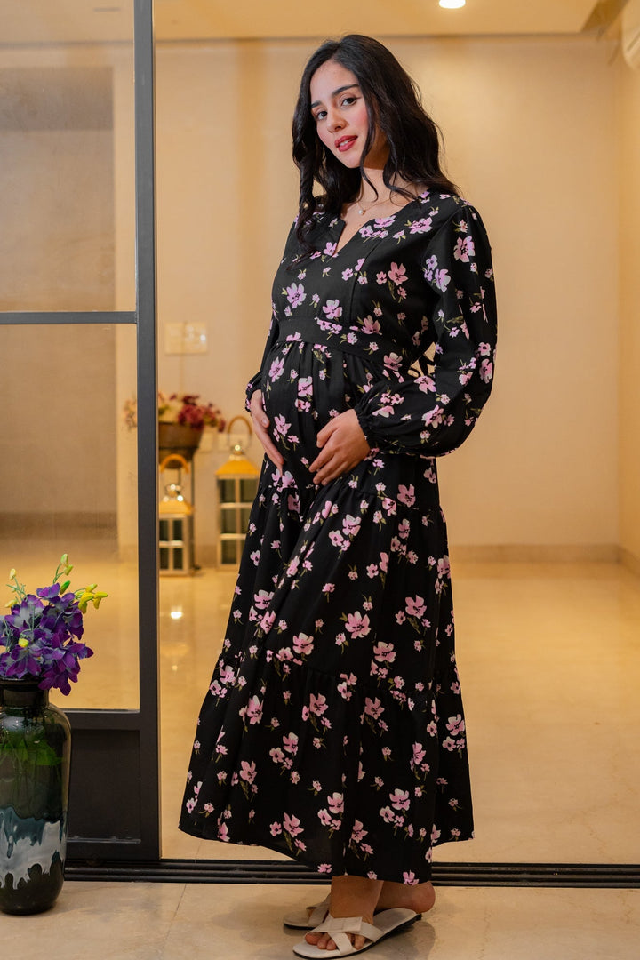 Eden Classic Black Bloom Maternity & Nursing Layered Dress MOMZJOY.COM