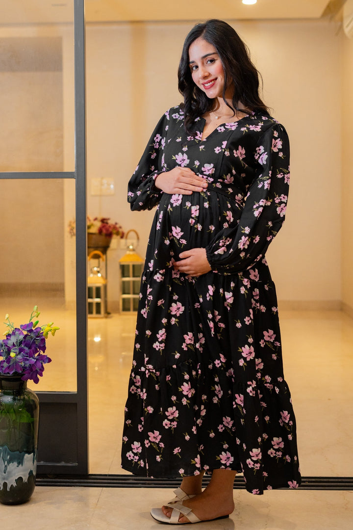 Eden Classic Black Bloom Maternity & Nursing Layered Dress MOMZJOY.COM