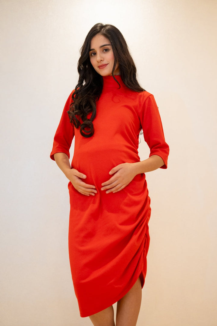 Glamorous Ribbed Brick Red Maternity Dress MOMZJOY.COM