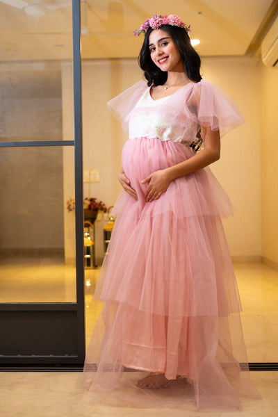 Alluring Blush Pink Maternity Sequence Layered Dress momzjoy.com