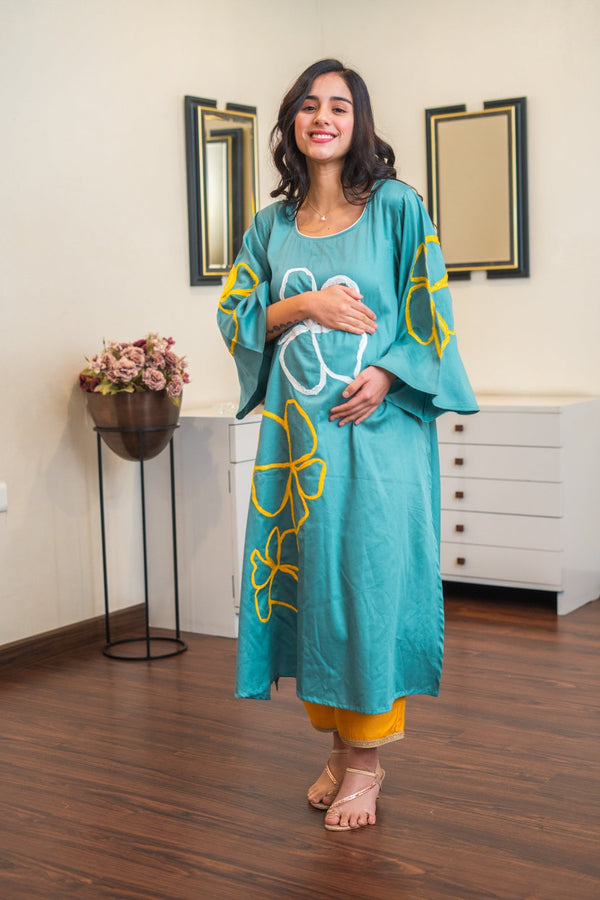 Chirpy Arabian Green Maternity Dress (100% Cotton) MOMZJOY.COM
