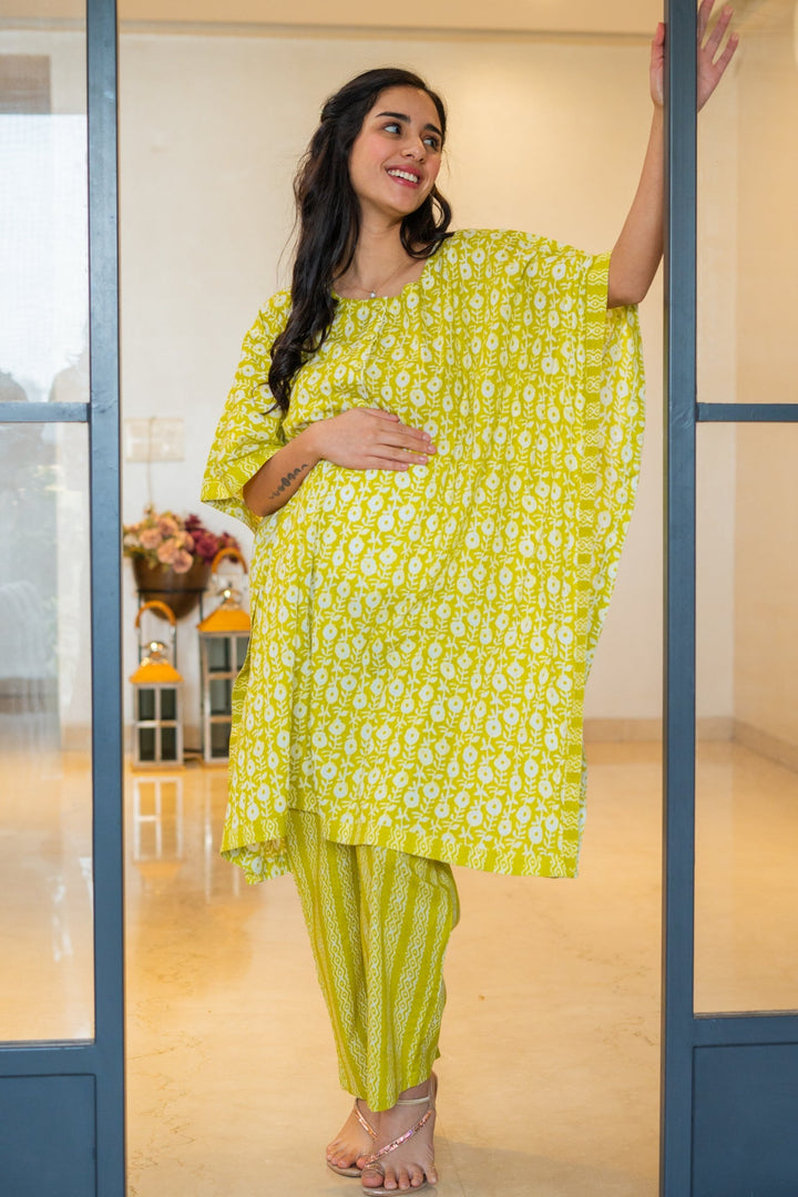 Beautiful Lime Green Maternity & Nursing Kaftan Coord Set (100% Cotton) (2 pc) momzjoy.com