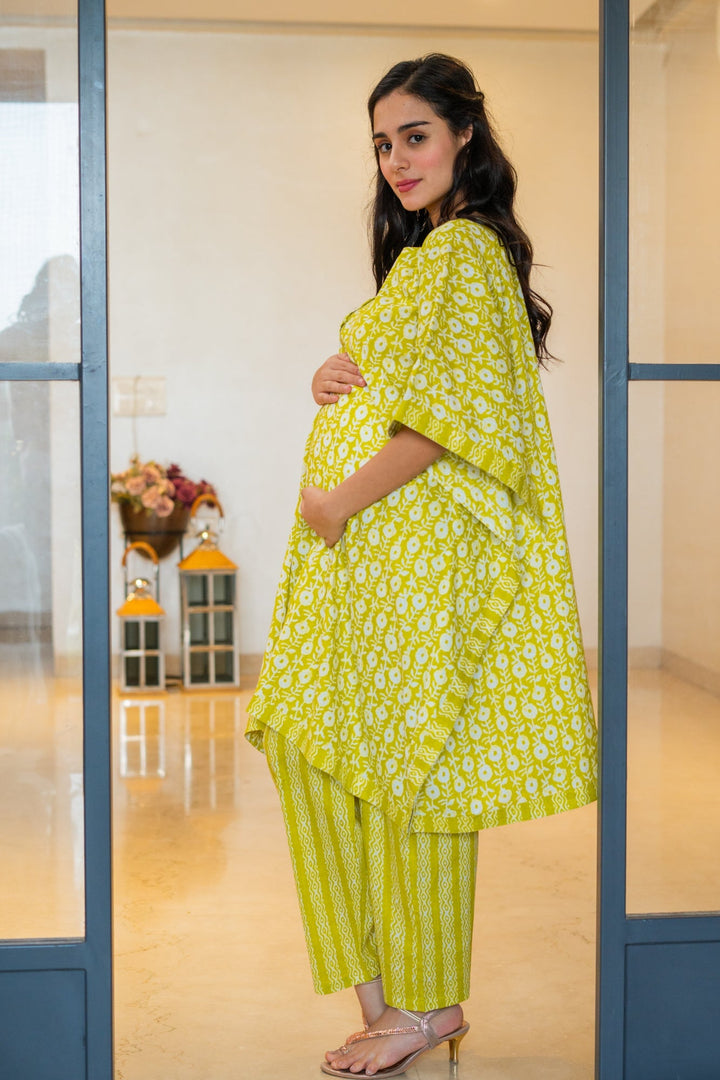 Beautiful Lime Green Maternity & Nursing Kaftan Coord Set (100% Cotton) (2 pc) momzjoy.com