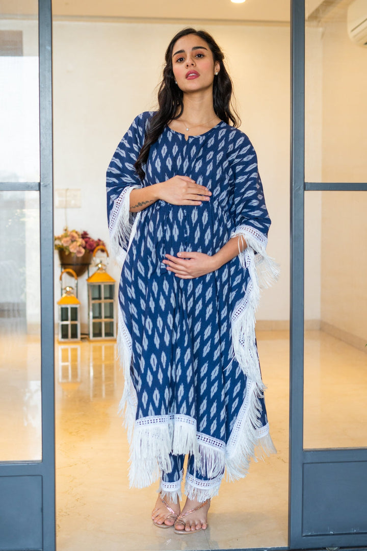 Luxe Indigo Blue Ikat Maternity & Nursing Kaftan Coord Set (100% Cotton) (2 Pc) momzjoy.com