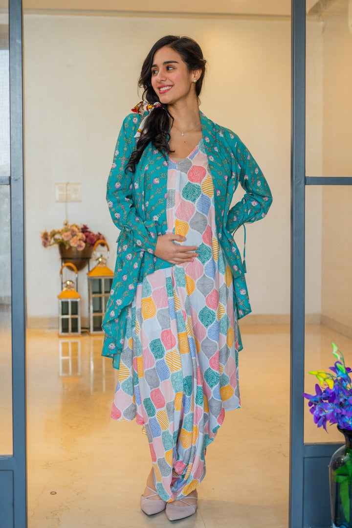 Gorgeous Colorful Retro Maternity & Nursing Jumpsuit + Cover Up momzjoy.com