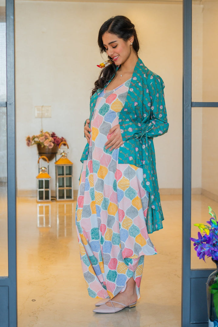 Gorgeous Colorful Retro Maternity & Nursing Jumpsuit + Cover Up momzjoy.com