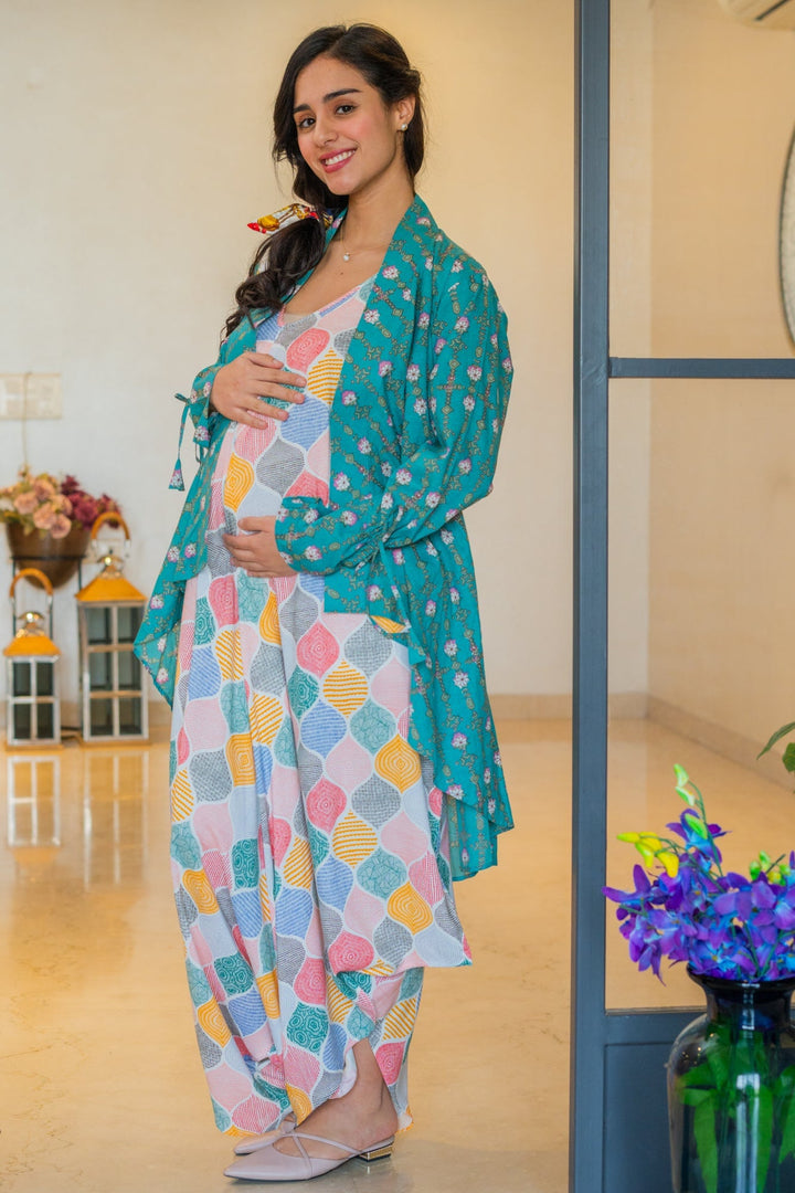 Gorgeous Colorful Retro Maternity & Nursing Jumpsuit + Cover Up momzjoy.com