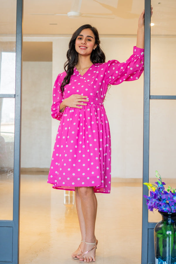 Timeless Barbie Pink Wrap Maternity & Nursing Knee Dress momzjoy.com