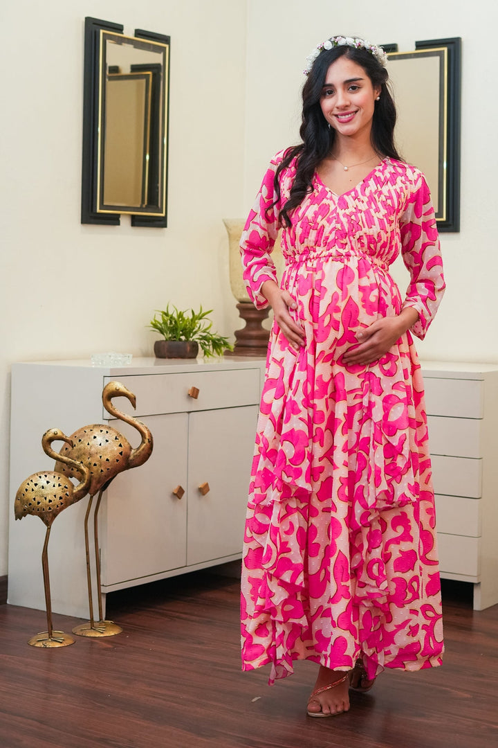 Lovable Baby Pink Maternity & Nursing Pintucks Flow Dress momzjoy.com